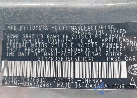 2006 Toyota Matrix Xr z USA, uszkodzony, nr VIN 2T1KR32E36C583946